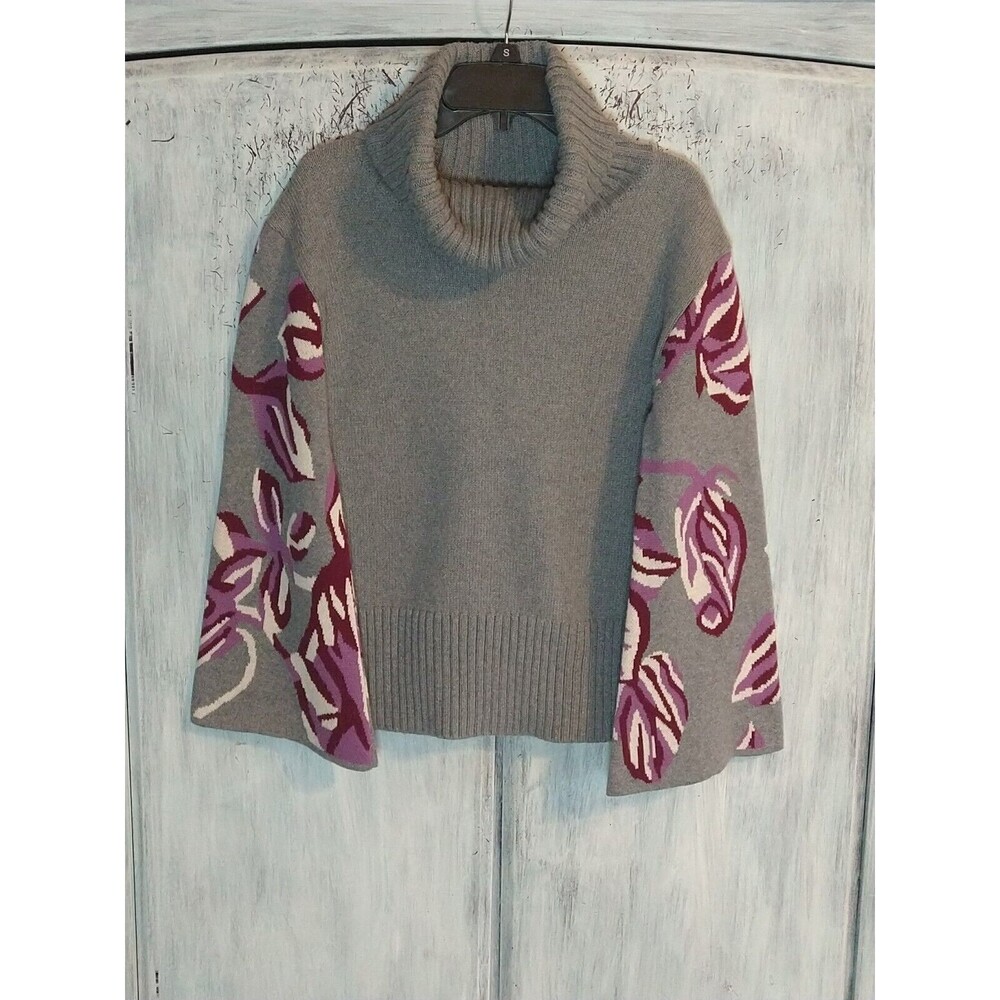 CAbi Women Eden Pullover Gray Purple Floral Flared Sleeve Turtleneck Sweater Xs